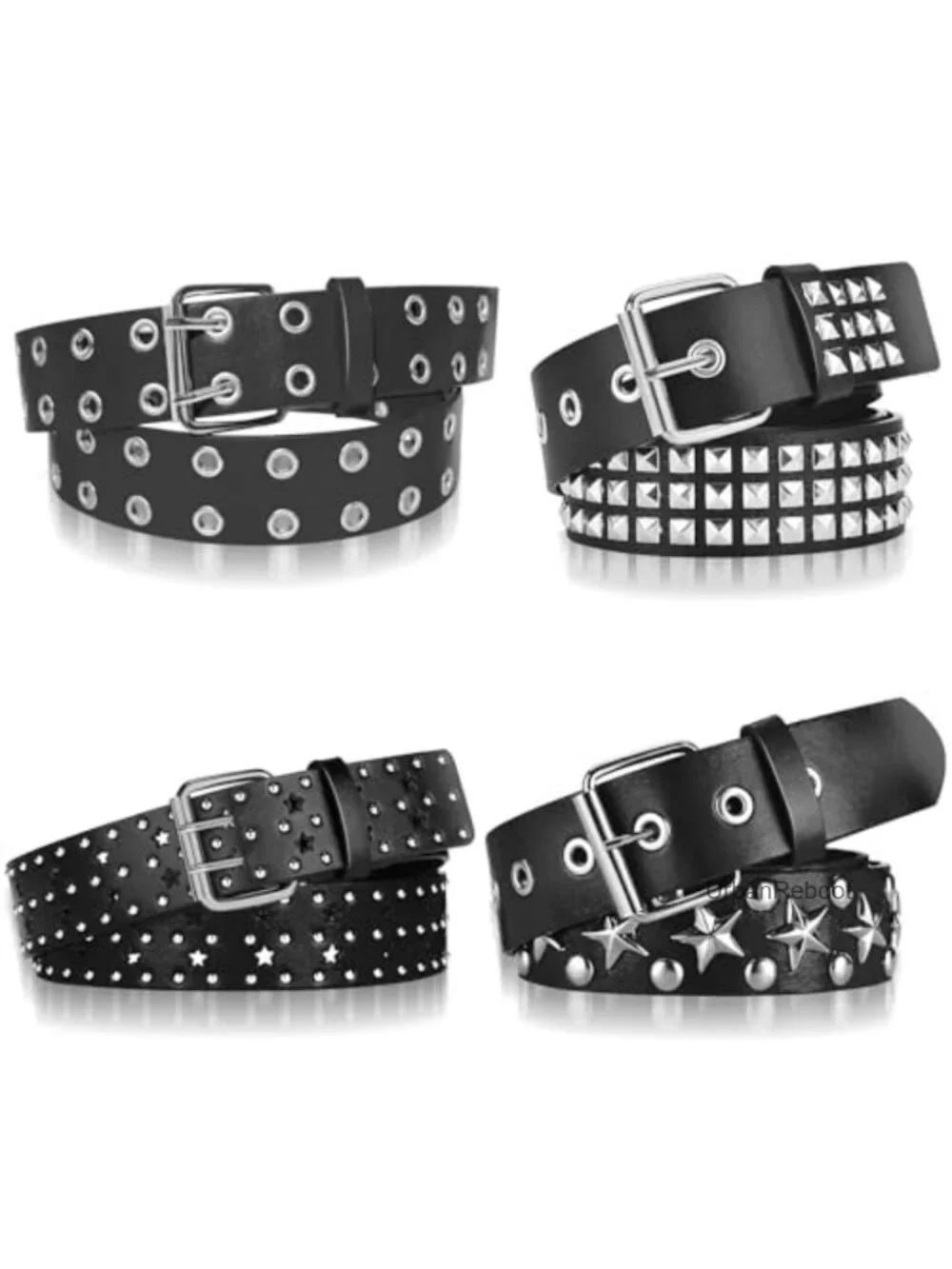 4 Pack Black Studded Gothic Punk Belts with Rivets for Women & Men Faux Leather